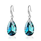 Austrian Crystal Teardrop Dangle Hook Earrings for Women 14K Gold Plated Hypoallergenic Jewelry (Bermuda Blue)