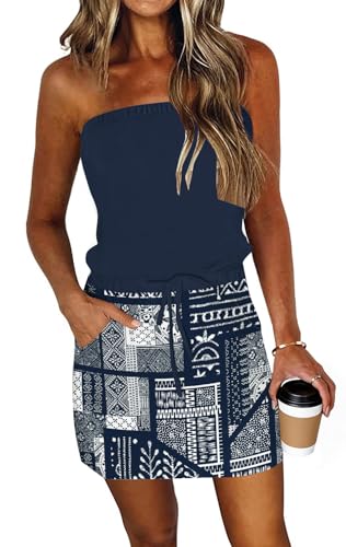 Image of SAUKOLE Summer Dress for Women Strapless Beach Cover Ups Boho Sundress Mini Dress Drawstring Waist with Pockets