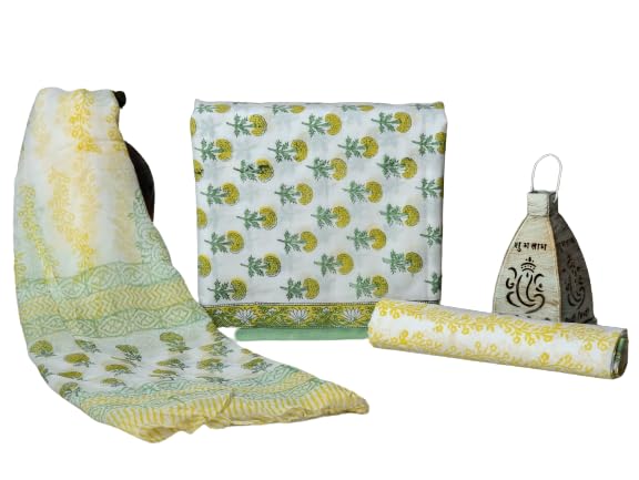 A3S Fine Count Cotton Hand block Print 3 pc(Suit+bottm+dupatta) Material with pure Chiffon dupatta for women