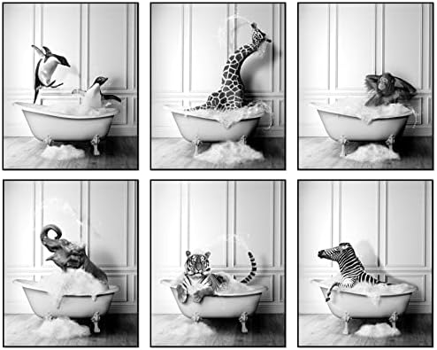 Funny Bathroom Decor Wall Art – Unframed Set of 6 (8 x 10 Inch) – Bathroom Wall Decor, Black and White Bathroom Decor, Kids Bathroom Decor, Animal Giraffe Penguin Elephant Bathroom Pictures for Wall Decor by LIYA Design Prints