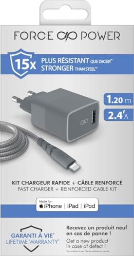 Chargeur maison 2.4A câble USB A Lightning gris plastique recyclé durable