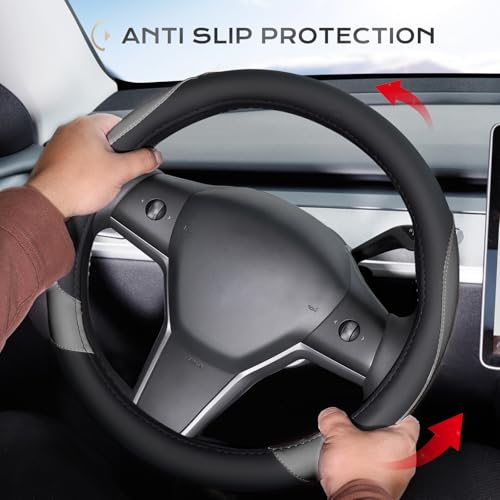Image of Coverado Car Steering Wheel Cover, Nappa Leather Black & Gray Steering Wheel Covers, Universal 14-15 inch, Anti-Slip, Breathable Steering Wheel Protector for Women Men