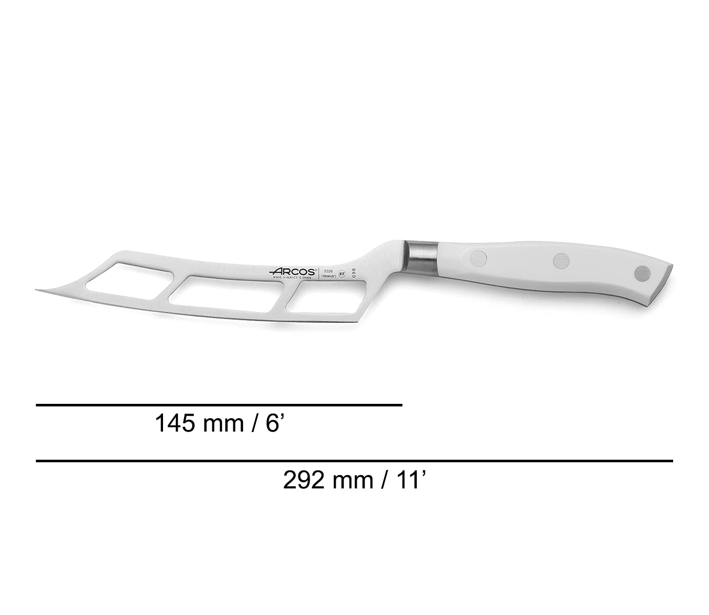 Arcos Cuchillo queso forjado Acero Inoxidable Nitrum y Hoja 145 mm. Mango ergonómico polioximetileno POM. Serie Riviera Blanc. Color blanco.