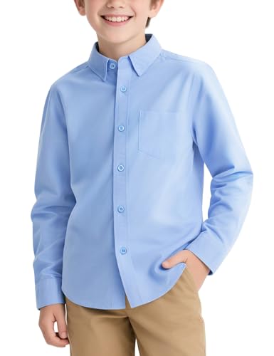NUMYEAN Boys Long Sleeve Dress Shirts Button Down Uniform Shirts with Chest Pocket Size 9-10 Years Blue
