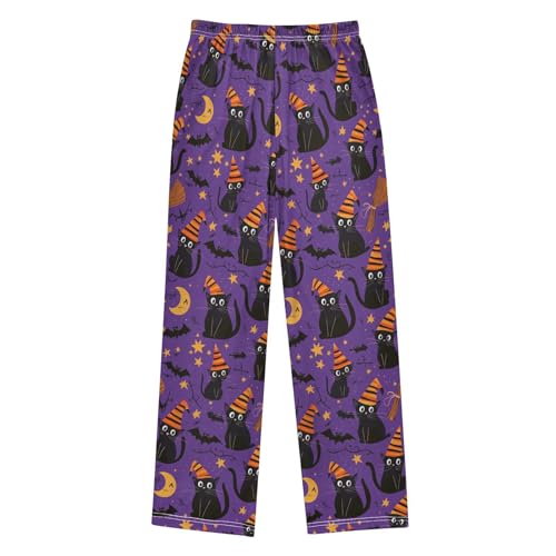 Purple Halloween Cat Bat Boys Pants for Kids Jogger Pants with Pockets S2