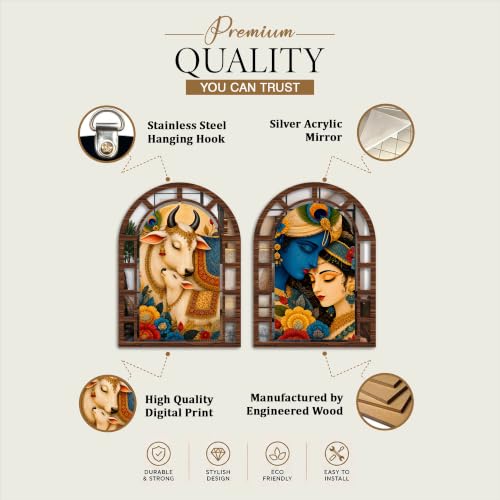 Image of Artvibes Radha Krishna & Kamdhenu Cow Theme Decorative Wall Accent | Arched Jharokha Mirror for Living Room, Bedroom, Hall, Prayer Room, Foyer, Office & Dining Room | Gift (WHJ 12025N), Set of 2