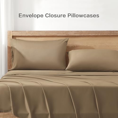 Image of Andency Taupe Queen Sheets Set 100% Viscose Derived from Bamboo | Cooling Summer Sheets, Deep Pocket Up to 16 inch, Silky Soft Hotel Luxury Breathable Bedding Sheets & Pillowcases