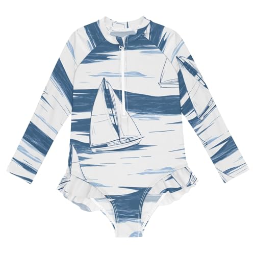 Girls One Piece Swimsuits White Boat Sailing in Sea Pattern Beach Swimwear Long Sleeve Bathing Suit