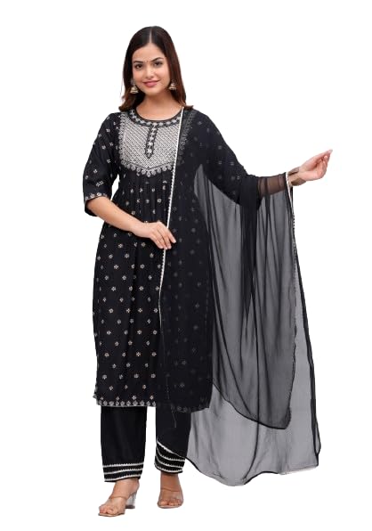 Image of SORIYA Elegant Women & Girls Rayon Embouridard Nayra Cut Kurta pant With Dupatta set