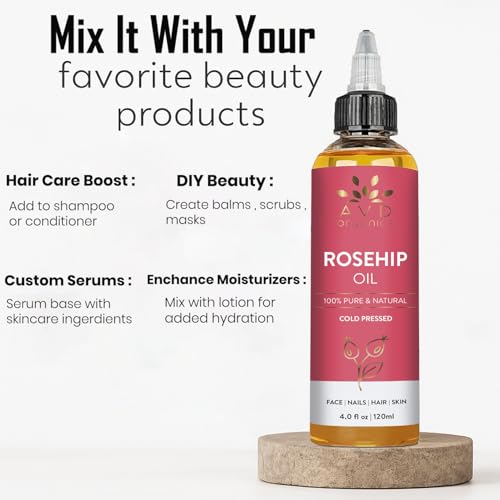 Image of AVD ORGANICS Rosehip Oil for Face 120ml - 100% Pure, Cold-Pressed Huile de Rose Musquee | Rose hip Oil for Face, Skin, Hair, Scalp & Nails | Moisturizing for Daily Use (4.05 fl oz)