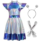 JELEUON 3 Pcs Women Alien Costume Metaillic Dress Cosplay Halloween Robot Outer Space Outfit With Gloves Headband