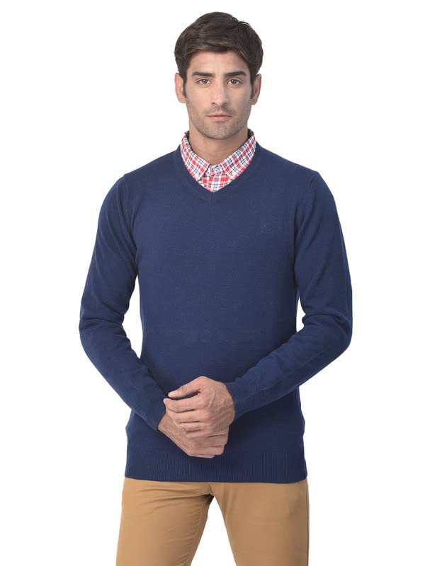 Mens Lambs Wool Casual V-Neck Pullover Sweater (Blue)-image-48