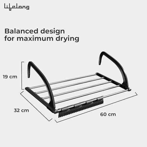 Image of Lifelong Metal Adjustable Cloth Drying Stand | Balcony & Window Hanging Laundry Rack | Wall-Mounted Cloth Hanger & Organizer Shelf | Space-Saving Cloth Dryer Stand for Indoor & Outdoor Use