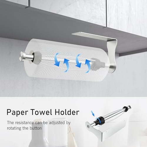 Image of SetSail Paper Towel Holder, 2 Packs Single Hand Operable Paper Towel Holder Under Cabinet with Adjustable Damper Easy Tear Wall Mount Self-Adhesive or Drilled for Kitchen Bathroom, Silver
