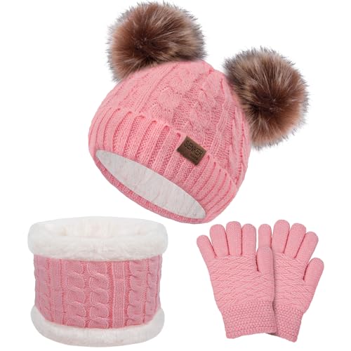 Senker Fashion Kids Winter Beanie Hat Scarf Gloves Set for Girls Boys Knit Warm Pompom Toddler Hats Mittens Neck Warmer