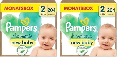 Pampers Harmonie Windeln Größe 2, 204 Windeln, 4kg-8kg, sanfter Hautschutz mit 100 Prozent Pampers Schutz