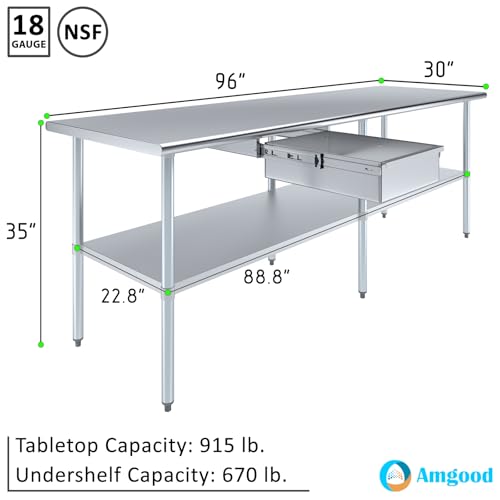 Image of AmGood Stainless Steel Table with Drawer | Commercial & Residential Kitchen Laundry Garage Utility Bench | NSF Metal Prep Table (Stainless Steel Table + Drawer, 96 inch Long x 30 inch Deep)