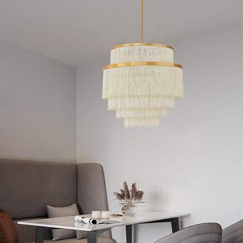 Topaluce 5 Tiers Boho Chandelier With Fringe,Gold 3-Light Fringe Pendant Light Fixture,Tassle Chandelier For Bedroom,Dining Room,Baby Nursery Lighting Beige thumb #3