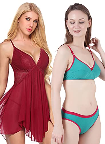 Image of Love Maker Lace Net Stylish Women Nightwear with Cotton Bra Panty Set for Women, Non Padded Bra Panty Set for Women & Night Wear Honeymoon Nighty for Women.