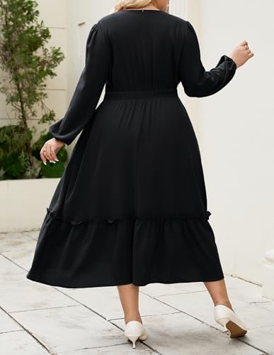 Hanna Nikole Women Plus Size Long Sleeve Casual Dress 2025 Fall V Neck Pleated Flowy Tiered Maxi Dresses with Pockets