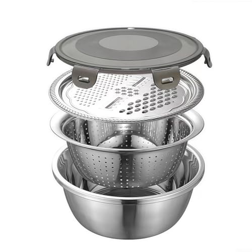 Edelstahl Rührschüssel Set mit Reibe Deckel, 4 Stück Abflussschüssel Sieb Küche Lebensmittelbehälter, mit Silikonabdeckung für Gemüse Obst Lagerung