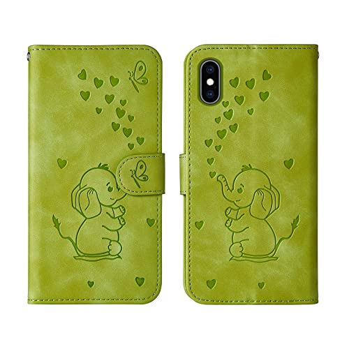 Bartern Flip Case for iPhone X/iPhone XS,Cute Elephant PU Leather Folio Flip Wallet Phone Case Cover with Card Holder Magnetic Closure and Stand Feature for iPhone X/XS,Green