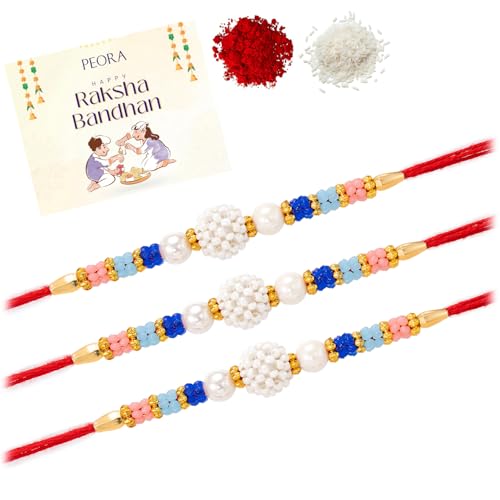 Image of Peora CZ Pearl & Crystals Studded Thread Rakhi for Brother Bhaiya | Combo Set of 3 | Raksha Bandhan Hamper with Roli Chawal & Greeting Card