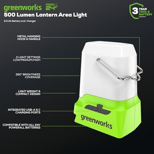 Image of Greenworks 24V 10 inch (5-Speed) Hybrid Fan (500 CFM) and 500 Lumens Lantern, with 2x2.0Ah Battery and Charger