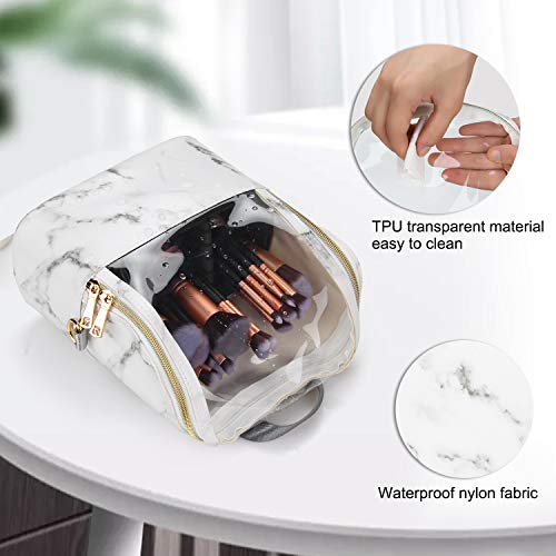 Makeup Brush Case Stand-up Makeup Cup Makeup Brush Holder Travel Professional Cosmetic Bag Artist Storage Bag with Shoulder Strap and Adjustable Divider (Marble)
