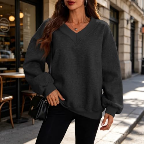 FULILYEO Womens V Neck Oversized Sweatshirts Long Sleeve Pullover Fleece - image 2