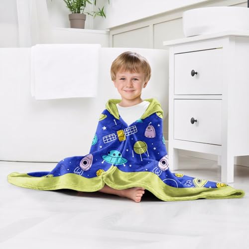 Image of Universe Boys Beach Towel with Hoodie for Kids Toddlers Age 4-8,Starry Sky Blue Bath Towels Shower Wrap for Boys, Hooded Poncho Beach Blanket for Pool Swimming Cute Wearable Bath Towel for Child