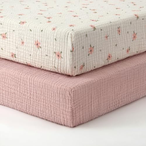 Image of Blissful Diary Muslin Crib Sheets for Girl Boy, Boho Neutral Soft Cotton Baby Sheet for 52''x28'' Standard Crib Mattress, 2 Pack(Pink Floral&Light Pink)
