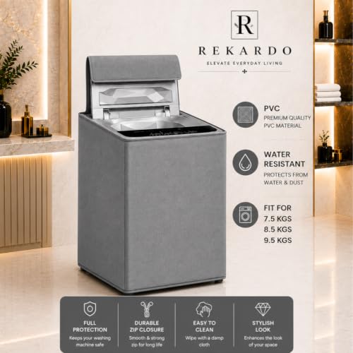 Image of REKARDO Polyvinyl Chloride (PVC) Waterproof Semi Automatic Washing Machine Cover for (LG - Life Good) 8.5kg, 9kg, 9.5kg Model (Grey) | Dust Protection | Scratch Resistant | Durable PVC | Moisture Shield | Easy Clean | Reusable | Snug Fit