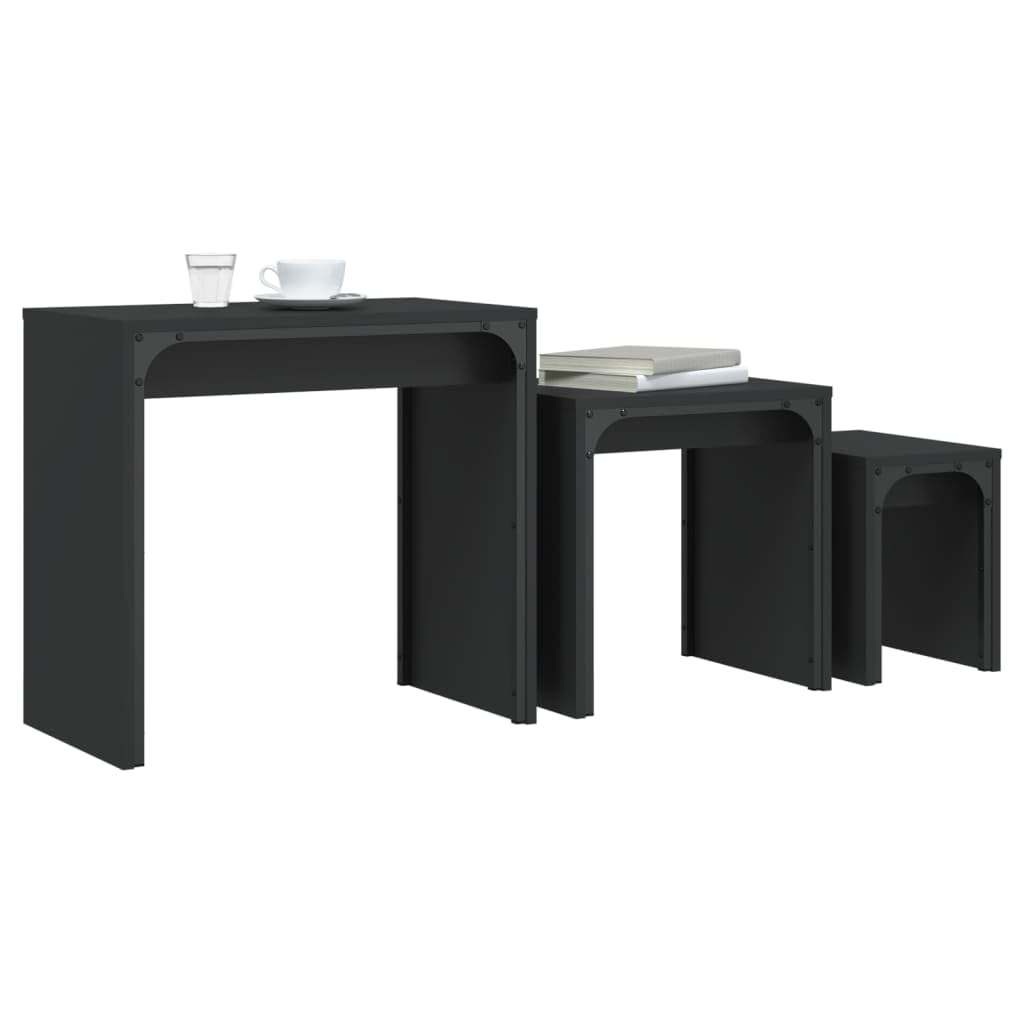 Juego de 3 Mesas Nido, Material Madera de Ingeniería y Metal, Diseño Industrial Apilable, Multifuncional y Compacto, Mesa Auxiliar Sofá, Muebles de Salón, Color Negro, 60x35x56 cm