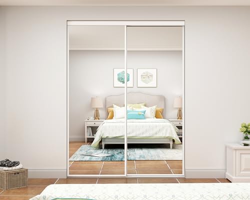 48 in. x 80 in. Mirror White Steel Frame Interior Closet Sliding Door with White Trim and Hardware Kit by CALHOME - Image 5