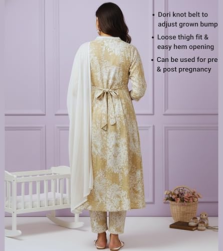 Image of DUMMY SHAPE Maternity Dresses for Women Cotton | Floral Kurta Pant Dupatta Set with Nursing Zippers, Side Pocket | Pre & Post Pregnancy | Feeding Kurti Suit | Baby Shower | Gifts for Pregnant Woman