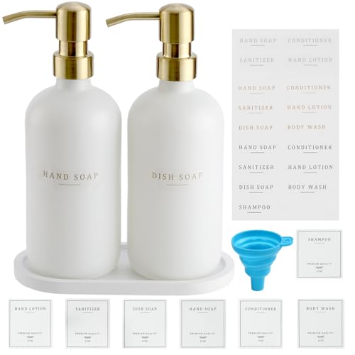 Soap Dispenser Bathroom - Dish and Hand Soap Dispenser Set, Glass Soap Lotion Dispenser with Pump for Kitchen with Tray, Waterproof Labels, 2 Lotion White Bottle/Gold Pump N