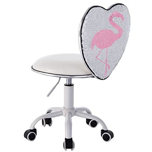 ZHENGHAO Cute Children Desk Chair PU Leather with Magic Sequin, Armless Kid Desk Chair Adjustable Study Chair with Thick Padded,White Flamingo
