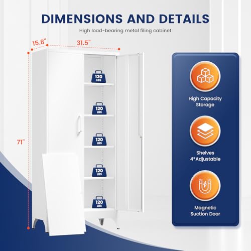 Image of Yizosh Metal Garage Storage Cabinet with 2 Doors and 4 Adjustable Shelves - 71 inch Steel Lockable File Cabinet,Locking Tool Cabinets for Home,Office,Garage,Gym,School