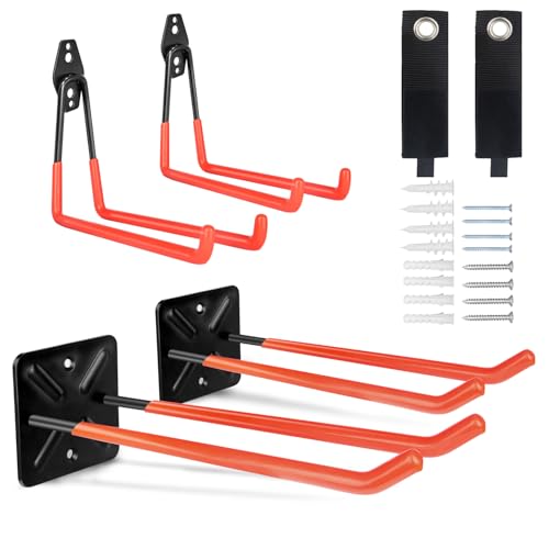 NRCUWI Garage Hooks Heavy Duty, 12 in + 7.5 in Long Garage Wall Storage Hooks for Hanging Yard Tools, Chairs, Bulk Items, Car Tires, Utility Ladder Hook Shed Organizer 4 Pack- Orange
