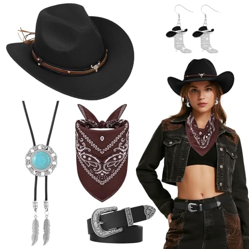 5 Stück Western Cowgirlhut Set für Damen, Cowgirl Kostüm Accessoire Set mit Hut Halskette Ohrringen Gürtel Bandana für Halloween Maskenbälle Cosplay Partys (Schwarz)