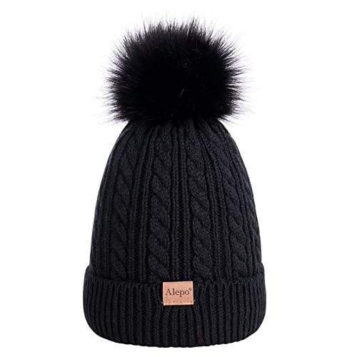 Kids Winter Beanie Hat, Children's Warm Fleece Lined Knit Thick Ski Cap With Pom Pom For Boys Girls (Black) #TOP3