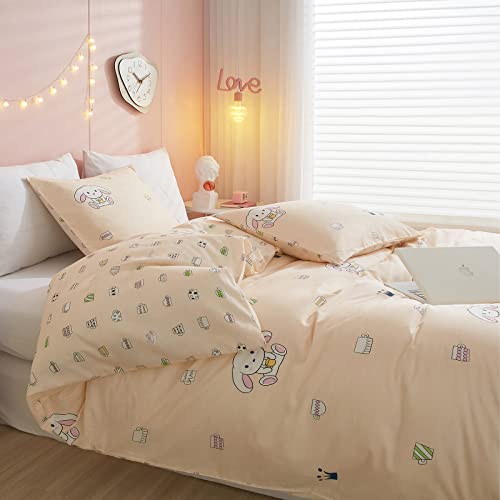 Kawaii Bedding Set Twin Cute Bunny Printed Duvet Cover Twin Preppy Aesthetic Cotton Shabby Chic Girls Kids Soft Pink Animal Rabbit Pattern Bedding Duvet Cover Set With 2 Pillow Shams, No Duvet #TOP3