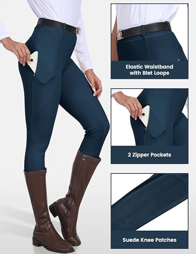 MoFiz Women Horse Ridding Pant Schooling Tights Silicone Full Seat Zipper Pocket Equestrian Breeches Blue,L — view 4