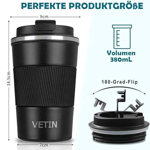 VETIN 2 Stück Kaffeebecher To Go Thermo 380 ml, 304 Edelstahl Thermobecher – Ansicht 2