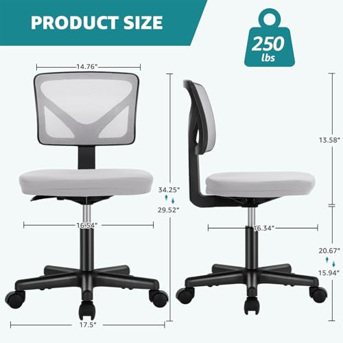 Image of OLIXIS Armless Office Chair, Ergonomic Desk Chair with Wheels, Mesh Back, Removable Washable Foam Cushion, Height Adjustable Rolling Swivel Chairs for Small Space, Home, Office, Grey