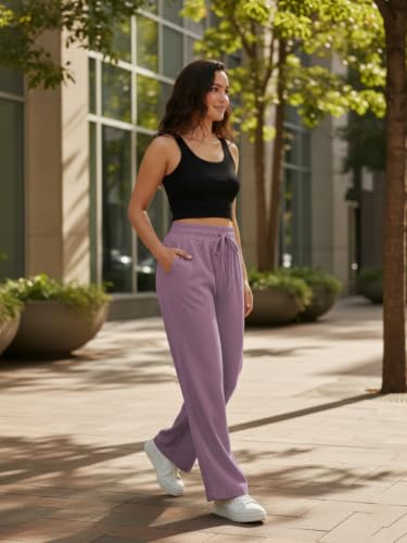 Image of Leriya Fashion Women Relaxed Fit Wide Leg Trousers | Malai Cottage Elastic Drawstring Wide Leg Pants for Women | Casual Straight Lounge Pants with Pockets | Stylish Everyday Office Outfit Bottom Pant