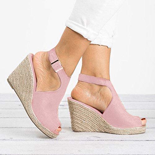 Dheva-C Wedge Sandals For Women Buckle Ankle Strap Open Toe Sandals For Women Dressy Summer Casual Sandals Comfortable Platform Shoes For Outdoor Melarey Mid Heel Wedge Sandals (Pink-A, 10) #TOP21