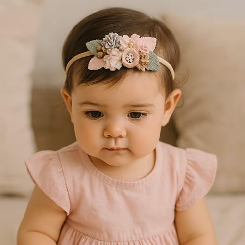 Image of SYGA 3 Pack Baby Girl Floral Headbands - Soft Stretchable Nylon Flower Comfortable Elastic Hairbands for Newborns, Infants & Toddlers 0-3 Years (Design-4)