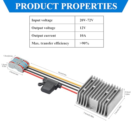MZHOU DC 20V-72V zu 12V 10A 120W Spannungswandler, DC 24V 36V 48V 60V zu 12V Spannungsregler, DC Abwärtswandler mit Sicherung, 12V Buck Stabilizer mit Wasserdichtem Schutz.
